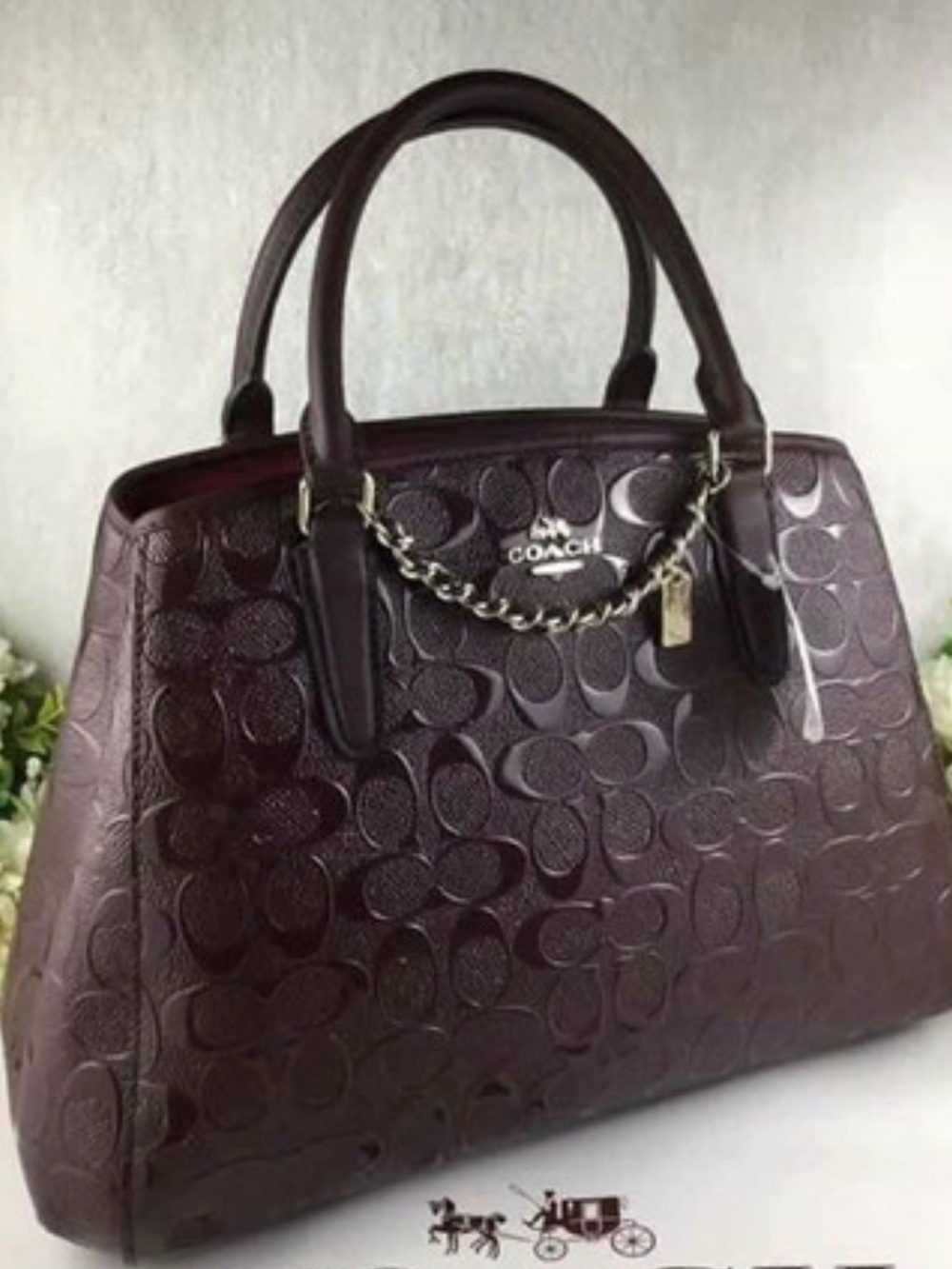 Coach Margot Patent Glitter Embossed Satchel Handbag - Plum